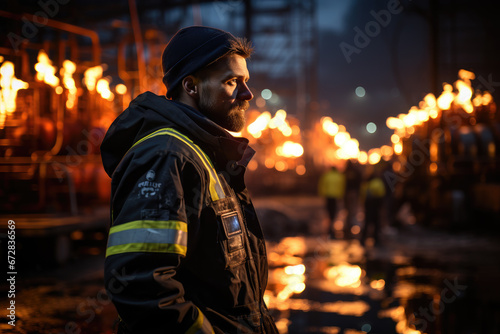A rugged firefighter, illuminated by the fiery glow, braves the night in his workwear, ready to battle the heat and protect the streets © familymedia
