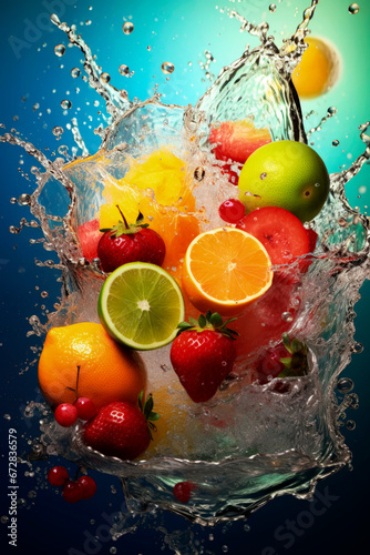 Generative AI illustration of fresh healthy fruits making splash in water