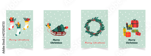 Ensemble de cartes de voeux de Noël, nouvel an, vacances d'hiver avec décoration de Noël. Affiches d'illustration vectorielle dans un style dessin à la main