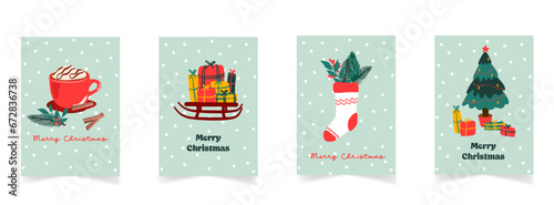 Set de cartes Joyeux Noël et bonne année ou modèle d'affiche vertical. Style minimaliste, éléments traditionnels décoration, impression de cartes de voeux,