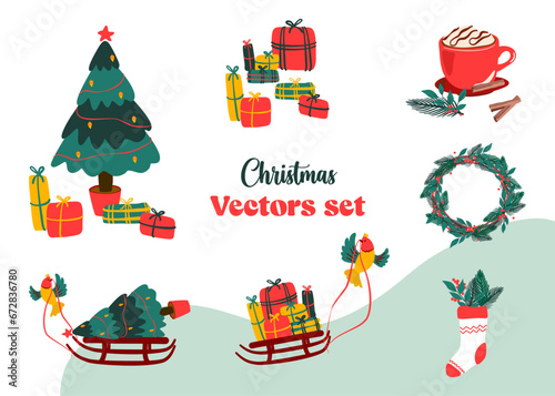 Set de Noel éléments vectoriels décoration pour cartes de vœux et bannière fête de fin d’année avec cadeaux sapin et luge