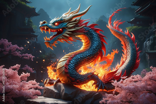 A majestic dragon soaring through the skies of Japan, its fiery breath lighting up the night with vibrant hues of red, orange, and gold. © silverwolf