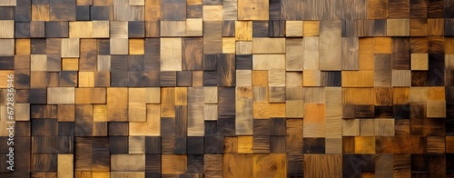  Wooden blocks, squares, cubes in gold and black for a wall texture. Grain and structure of ancient, vintage wood. Wide format. Luxury cubes covering backdrop. © Caphira Lescante