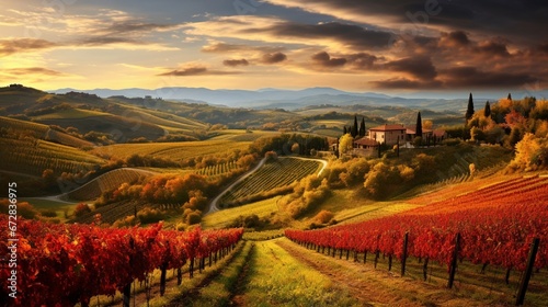 A rural scene with undulating hills blanketed in vineyards, their foliage changing to shades of orange and crimson.