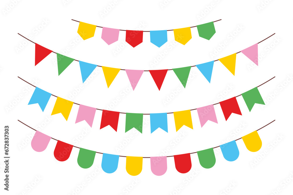 Festive flag garland. Birthday party and carnival garland decoration. isolated on white background - obrazy, fototapety, plakaty 