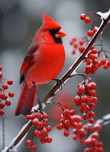 Red cardinal portrait in snowy winter perched on branch with berries. photo