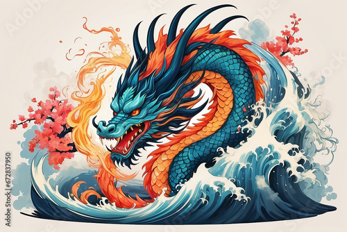 a dragon exhaling vibrant and fiery breath essence of the legendary Japanese dragon, and the dynamic beauty of its fiery breath