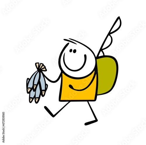 Funny hand drawn man, satisfied fisherman goes with a backpack and a fishing rod, carries a lot of fish. Vector illustration of lucky stickman with fresh food on a hike.