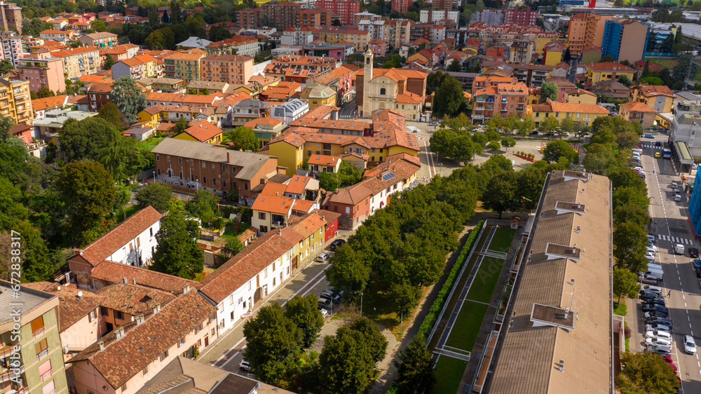 Aerial view of the main square of Vimodrone, in the metropolitan city of Milan, Italy.