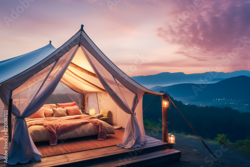 Glamping camping tent with cozy accessories, candles and beautiful mountain landscape at sunset. Warm cozy light inside camp tent. Millennial trend vacation destination. Staycation in mountain photo