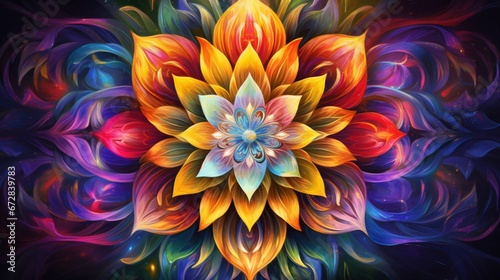A kaleidoscope of radiant colors dancing in perfect harmony, forming a mesmerizing mandala of unity. photo