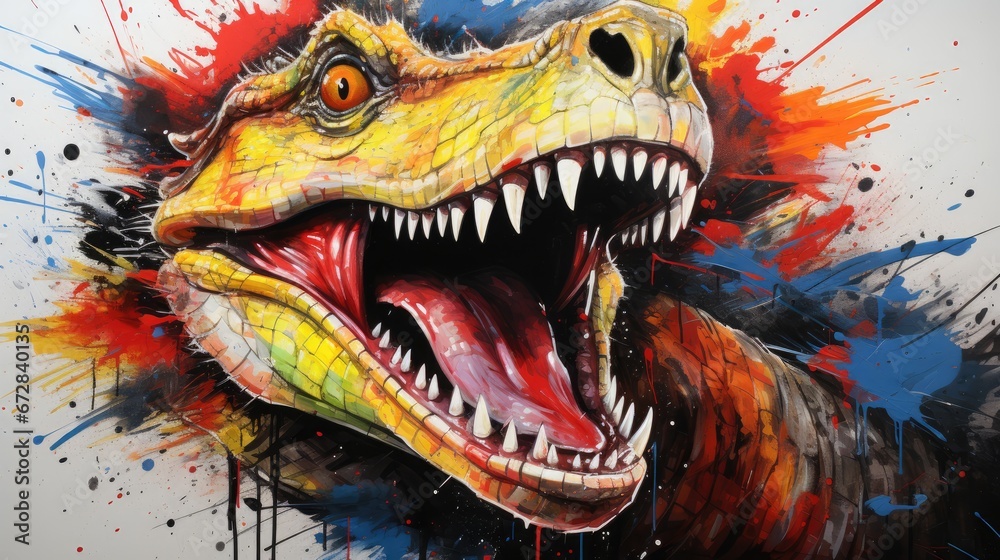 A painting of a dinosaur with its mouth open and it s teeth wide open