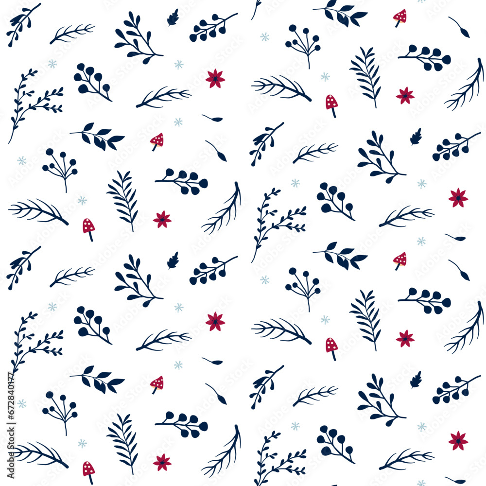 Winter snowflakes and florals, navy blue