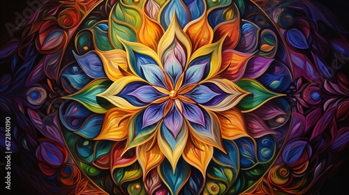 A kaleidoscope of radiant colors dancing in perfect harmony, forming a mesmerizing mandala that evokes unity.