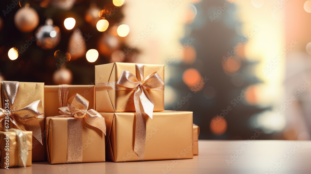 Elegantly wrapped Christmas presents adorned with shimmering ribbons, placed on a table, with a softly lit Christmas tree in the background Elegantly wrapped Christmas presents adorned with shimmering ribbons, placed on a table, with a softly lit Christmas tree in the background