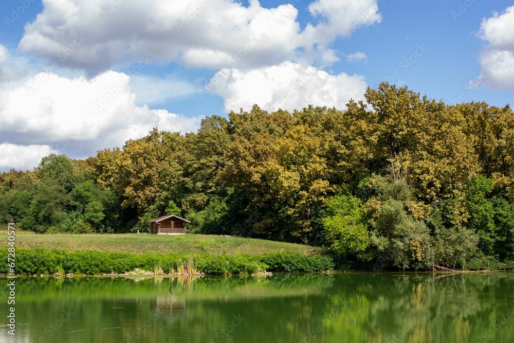 Picturesque log cabin situated next to a tranquil pond surrounded by lush trees