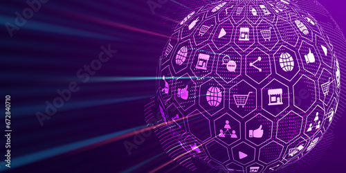 Digital marketing advertise using social media connecting with customers with internet engagement, world network creating innovative targeting advertisement, graphics illustration purple background