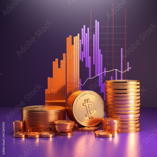 Illustration of stock charts, coins and graph. bitcoin, trading, investment, finances. Stock Signal, Buy Signal, Sell Signal, exchange