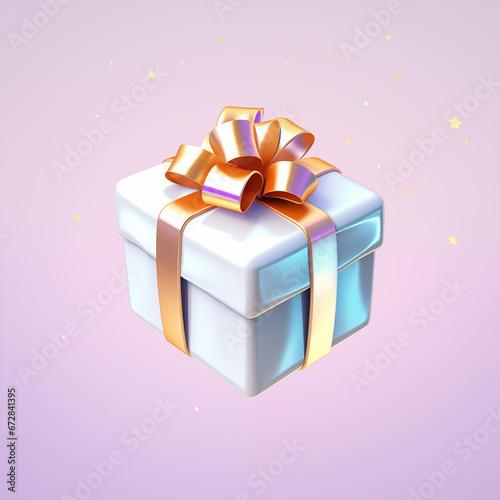 White gift box with a golden bow on a pink background