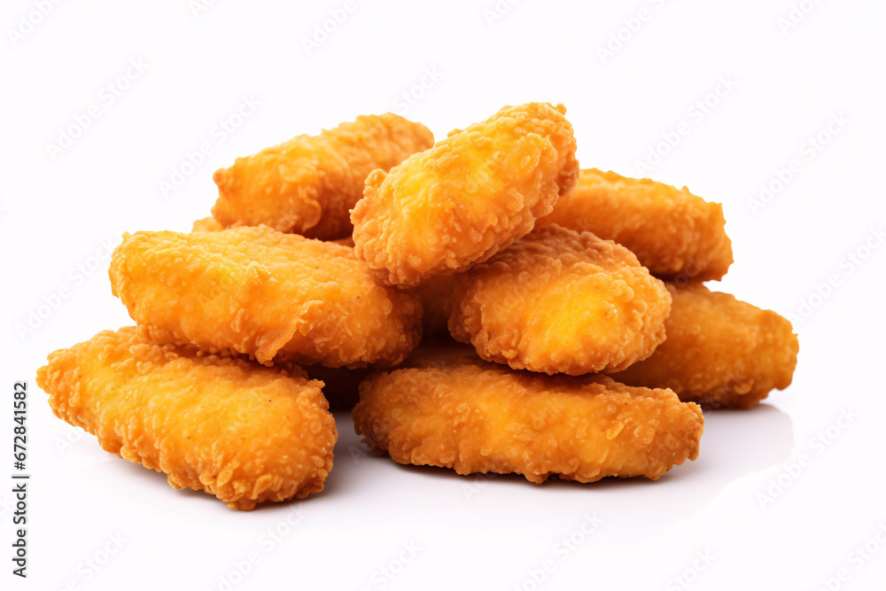 Crunchy chicken chunks, alone on a plain backdrop. Crunchy chicken chunks, alone on a plain backdrop.