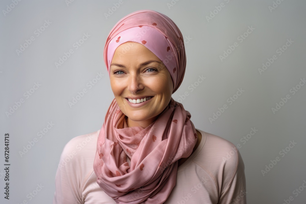 Happy Cancer Patient In Pink Headscarf, Postchemotherapy Happy Cancer Patient In Pink Headscarf, Postchemotherapy