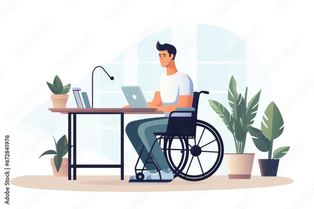 Man In Wheelchair Working From His Home Office. Сoncept Remote Work With Disability, Inclusive Workspace, Adaptive Technology, Accessibility In The Workplace, Empowering Individuals With Disabilities Man In Wheelchair Working From His Home Office. Сoncept Remote Work With Disability, Inclusive Workspace, Adaptive Technology, Accessibility In The Workplace, Empowering Individuals With Disabilities