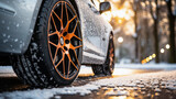 close up shot of winter tires in snow