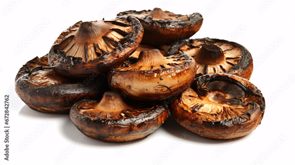 Grilled mushrooms on a white background, ready to consume, meatless.