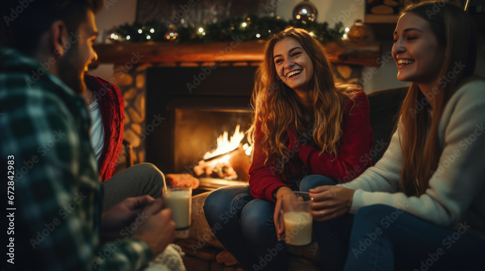 Friends are enjoying a cozy evening by a fireplace, laughing and chatting in a festively decorated living room during the holidays.