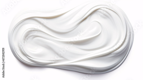 A white cosmetic smudge, such as conditioner, cream, serum, balm, cleanser, shower gel or shampoo, is isolated atop a white background.