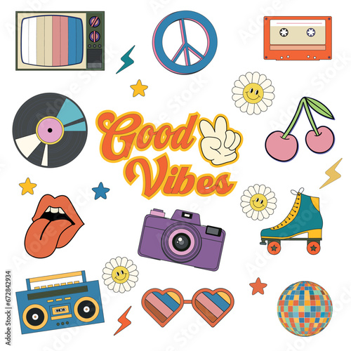 Hippy stickers. Set hippy stickers of isolated retro 70s 90s groovy elements. Cute retro groovy hippie design for decorative, sticker. 