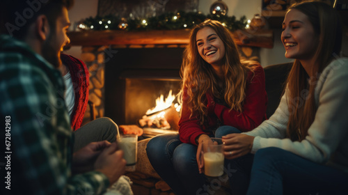 Friends are enjoying a cozy evening by a fireplace, laughing and chatting in a festively decorated living room during the holidays.