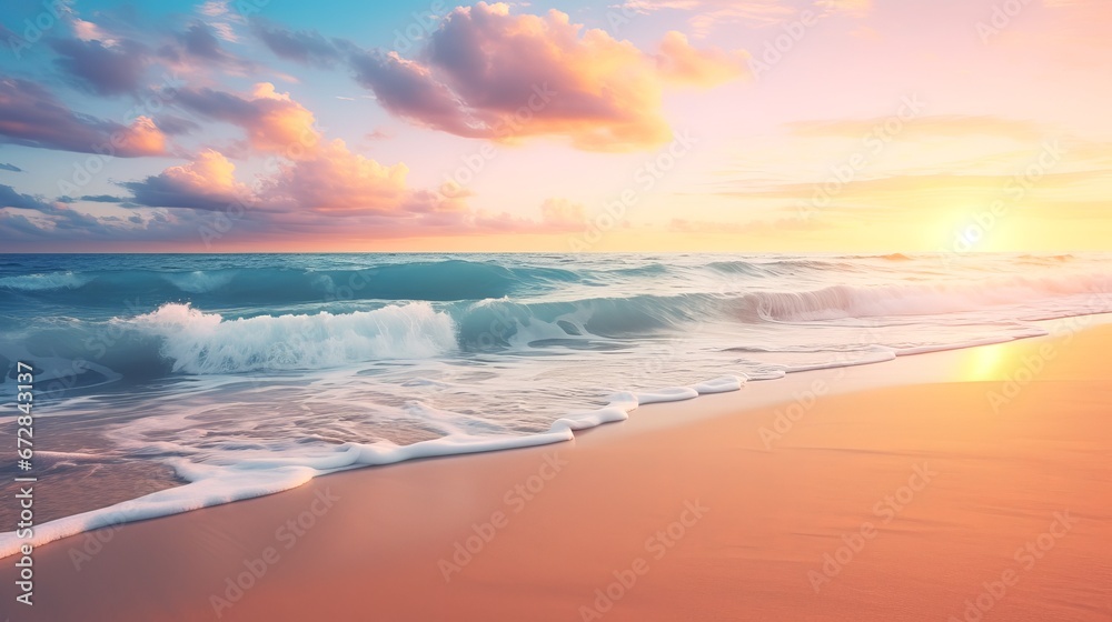 Closeup sea sand beach. Panoramic beach landscape. Inspire tropical beach seascape horizon - obrazy, fototapety, plakaty 