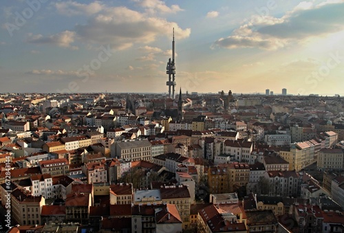 Aerial view of Prague skyline with Zizkov television tower transmitter in Czech Republic ar sunset