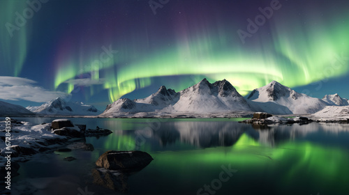 The night sky shimmered with an ethereal Aurora borealis, reflecting off the blanket of snow upon the mountains and sea.
