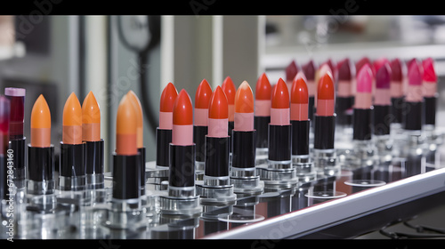 Production line of lipstick. A shot of a cosmetic factory. Beauty, skincare and cosmetology