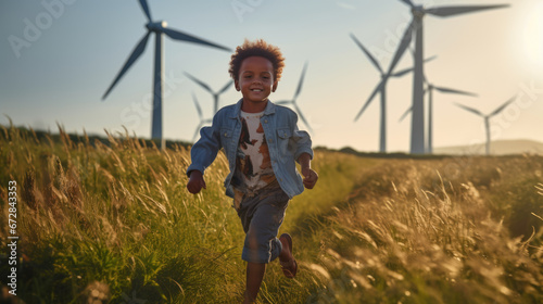 Little child run across a field and play in front of wind turbines.