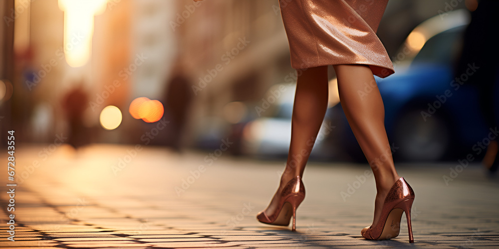 Beautiful women's legs in high heels close-up, picture of a sexy woman legs in fashionable nice high heels walking in the evening city, generative AI
 - obrazy, fototapety, plakaty 