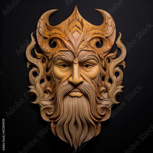 Wooden mask of a stern male face 