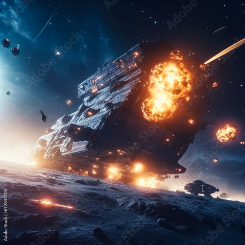 an intense space battle between two ships