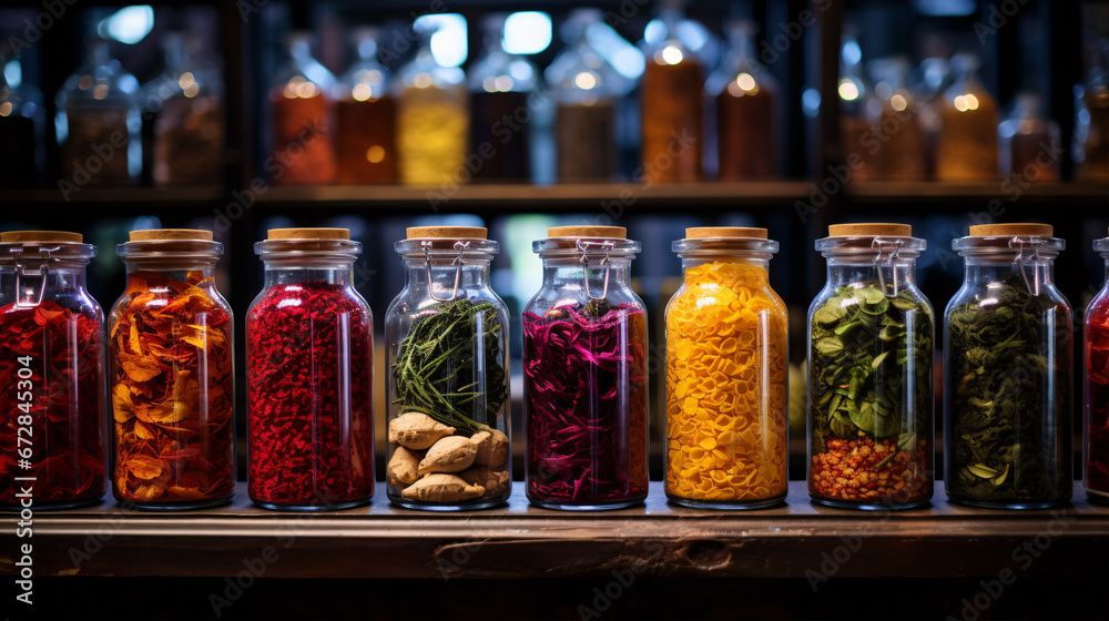 A vivid closeup displays the colorful, textured spices in glassware at a spice bazaar. A vivid closeup displays the colorful, textured spices in glassware at a spice bazaar.