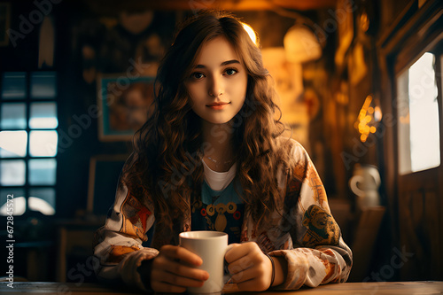 a young girl is sitting near an outdoor wooden counter with a cup of coffee, in the style of webcam photography, samyang af 14mm f/2.8 rf, batik, academic precision, smilecore, grey academia, dynamic  photo