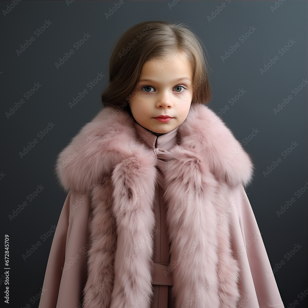 Little girl in an elegant pink coat with fur Little girl in an elegant pink coat with fur