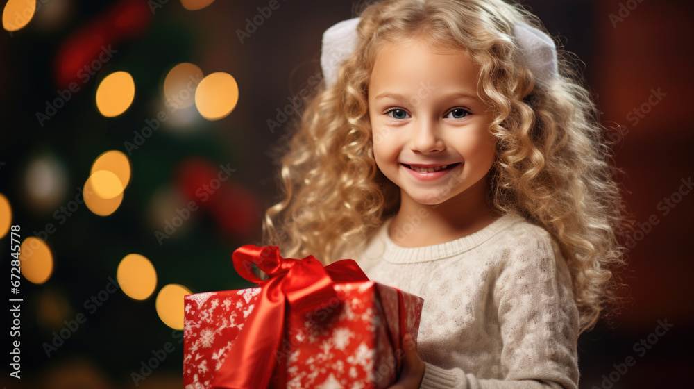 A joyful child with curly hair, dressed in red, holds a Christmas gift with a sparkling bokeh light background. A joyful child with curly hair, dressed in red, holds a Christmas gift with a sparkling bokeh light background.