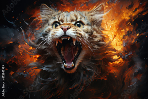A fierce feline captured in a moment of wild beauty, its fangs bared and powerful roar frozen in a mesmerizing display of artistry and untamed energy © familymedia