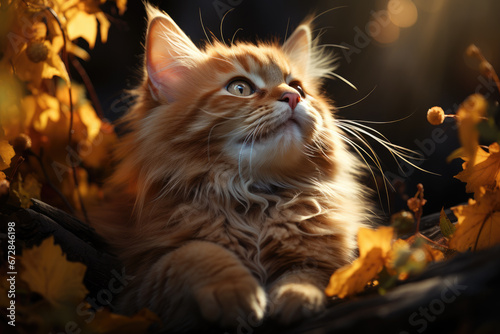 A young domestic cat basks in the warm sun, its vibrant orange fur glowing as it peacefully rests in the outdoor oasis, its delicate whiskers twitching in contentment © familymedia