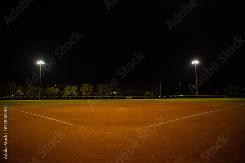 Empty baseball field at night, view from home plate