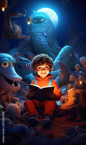 a little boy dressed in pajamas is reading a book while sitting on a bed in the middle of a magical world with friendly imaginary aliens