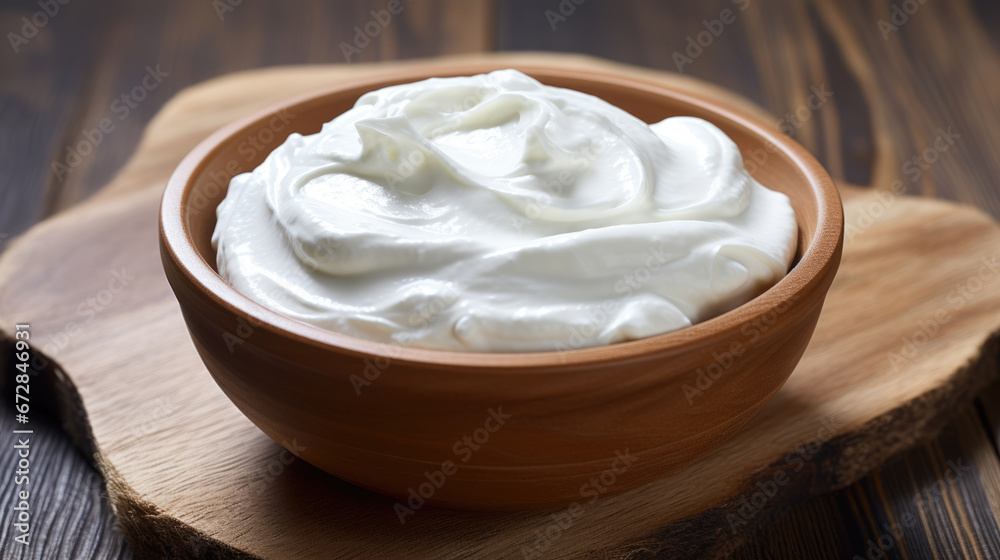 A luscious, smooth white cream is showcased in a wooden bowl, highlighting its glossy texture and rich consistency. A luscious, smooth white cream is showcased in a wooden bowl, highlighting its glossy texture and rich consistency.