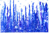 Winter abstract watercolor background with icicles sticking up and snowflakes on a white background. Illustration.